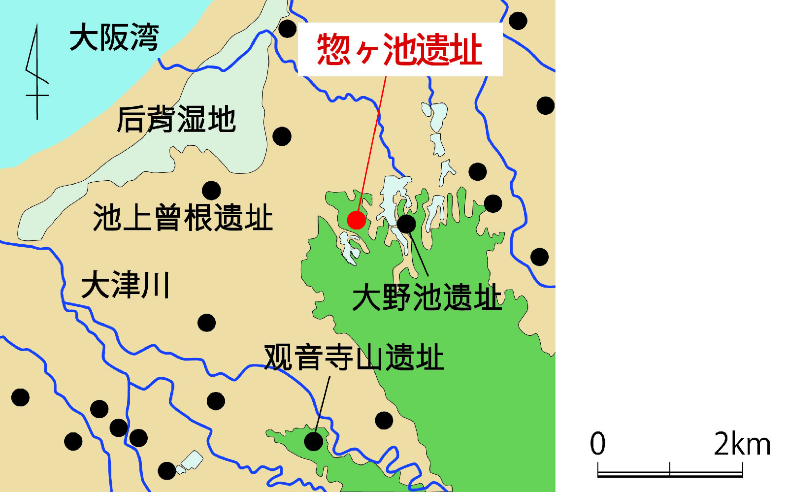 惣ヶ池遗址及其周边同一时期的聚落（标记为●）