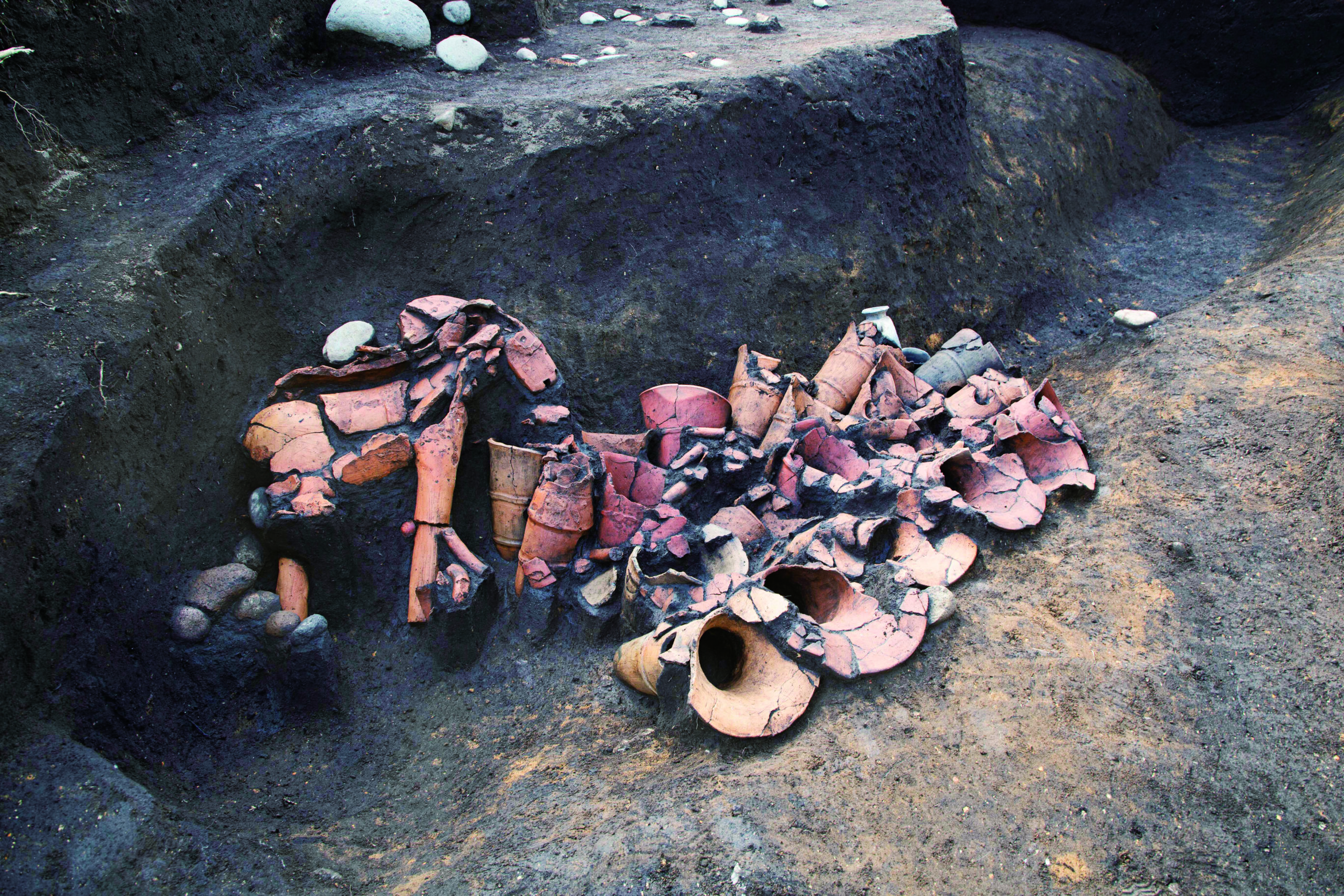 Excavation of haniwa in the ditch of tomb no. 3 (from the east)